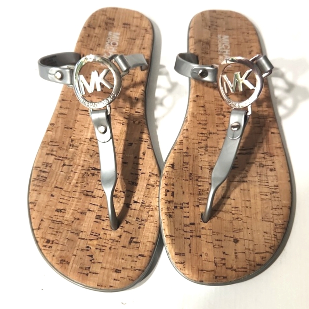 Michael Kors Silver MK Charm Jelly Flip Flop Sandals Size 10